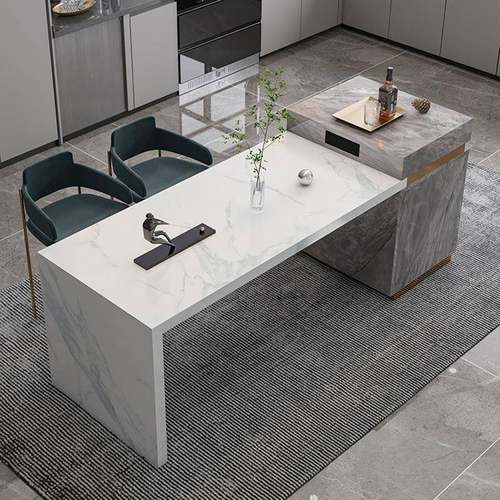 白色漆个性岩岛板中台餐ZGS桌极简现吧代一体开放式台大板烤简约