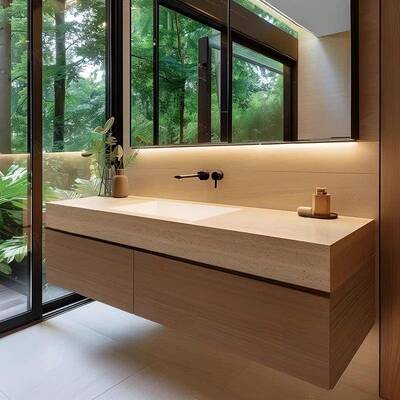 原木色岩合板无缝一BX-0307体盆浴简室柜组卫生间洗漱台代洗脸洗