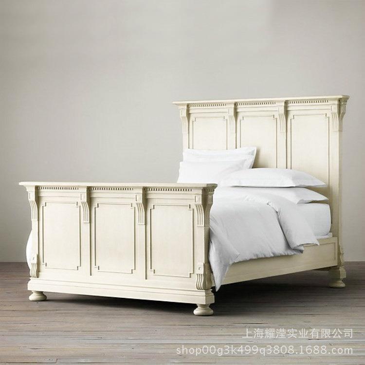 美式实复古ADH做旧双人婚床1床定制家8具卧室雕花1木.5*.米原木大
