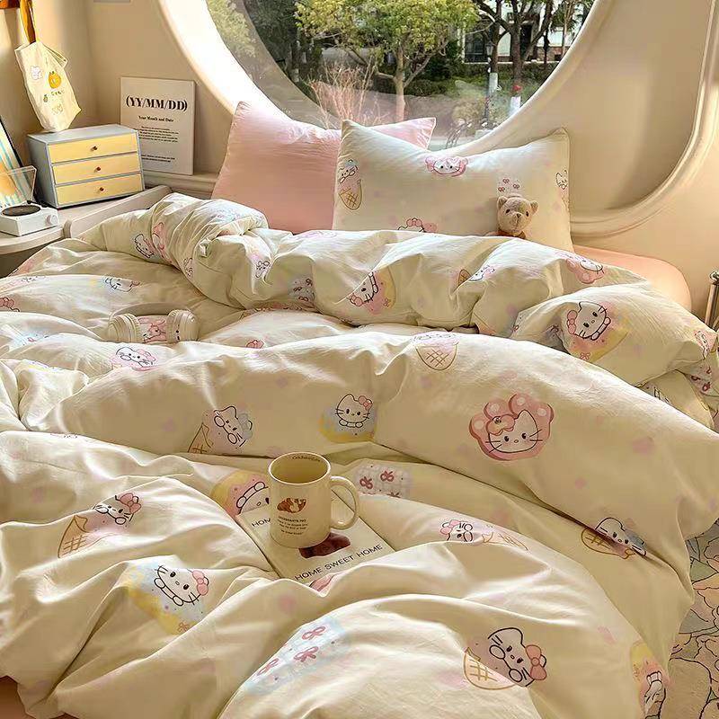 新卡通甜心小奶四件套水洗清棉生534宿舍狗单学人三件套床单被套