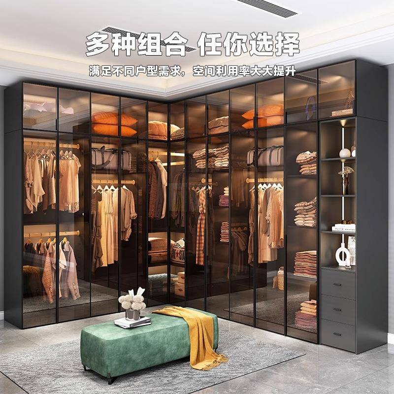 玻璃衣柜卧WPB室家用U型门转角衣帽间收L纳柜子组合收拼装衣橱转