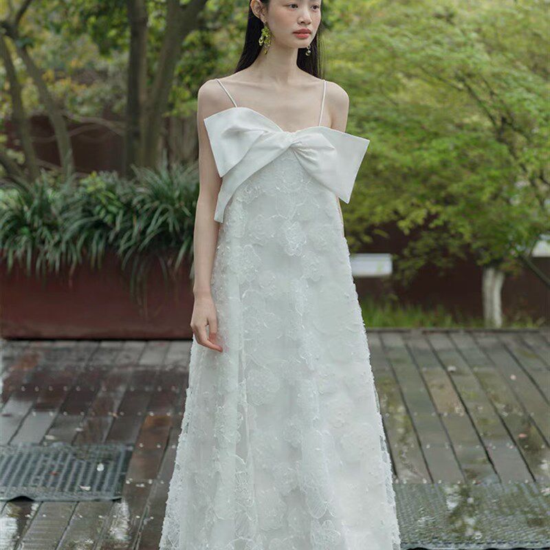 法式白色吊带蕾丝晨袍新娘结订婚礼服/晚装