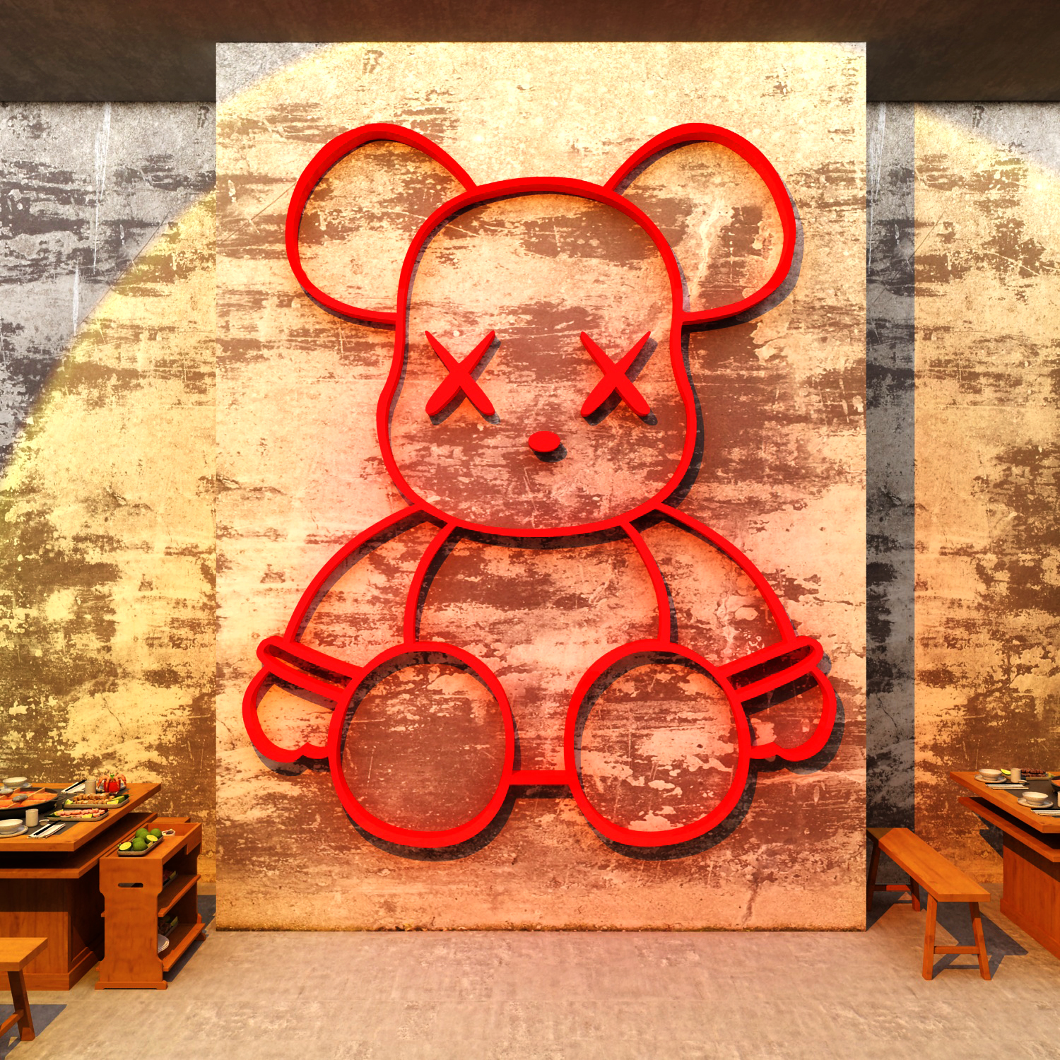 市井火锅店墙面装饰创意工业破旧风餐饮文化背景复古烧烤壁画贴纸