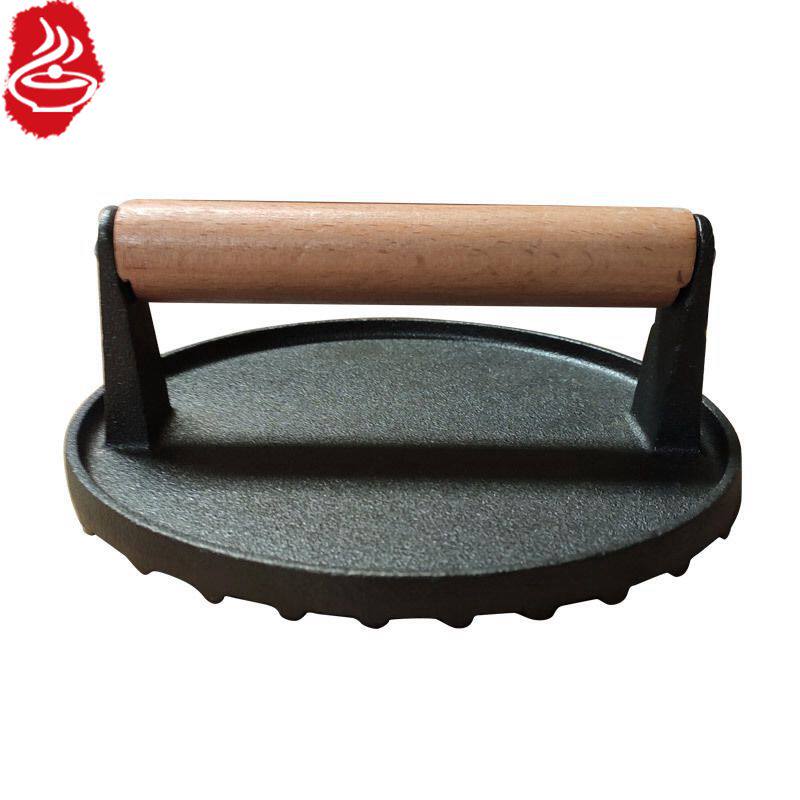 敬辉铸铁压肉板圆形生铁压板铁板鱿鱼工具烤肉工具木把柄压板出口