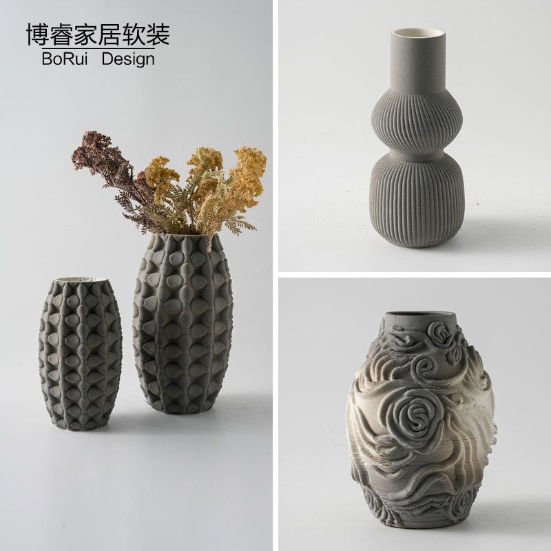 现代简约3D打印陶瓷高级灰浮雕玫瑰花纹几何花瓶家居客厅花器摆件