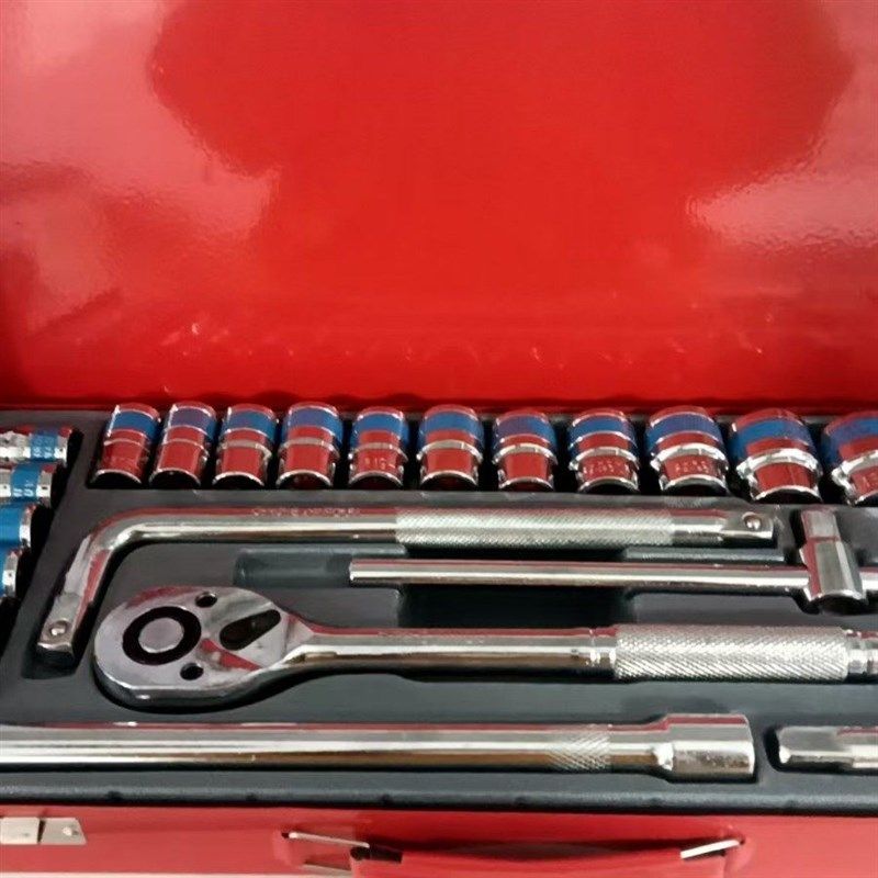 红铁盒24件套组套40长套筒扳手  汽修五金工具修车套装摇杆弯