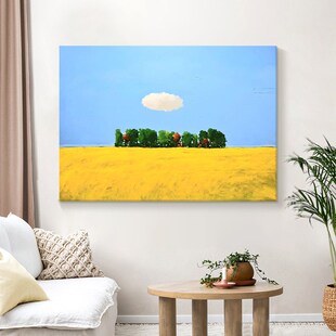 客厅简约手绘油画玄关田野风景装 饰画抽象绿植挂画蓝天白云肌理画