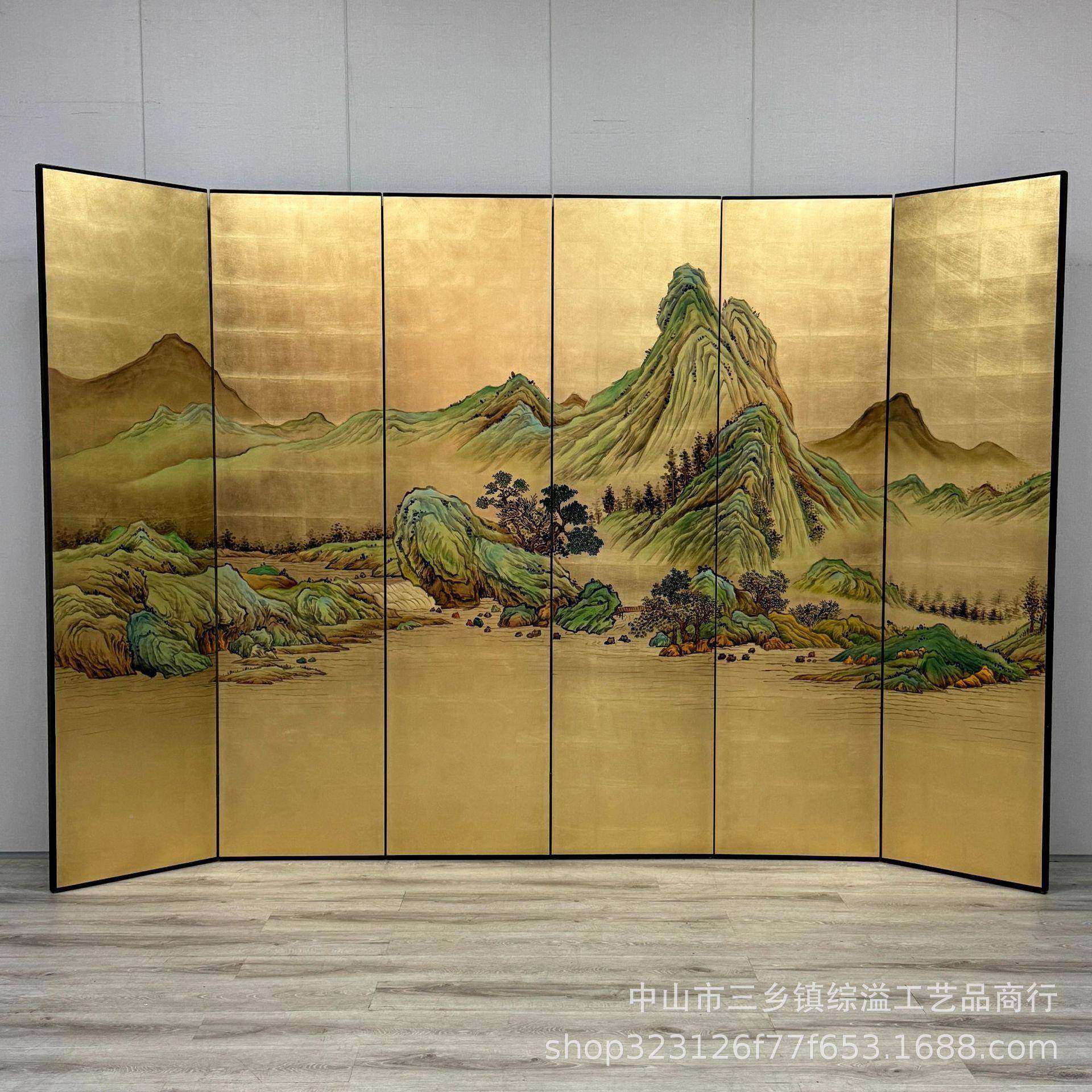 式金箔中风千里江山手绘山水图客议厅会室背景山水屏风隔屏断移动,基础建材,屏风,淘宝优惠券,粉丝福利购,淘宝优惠卷