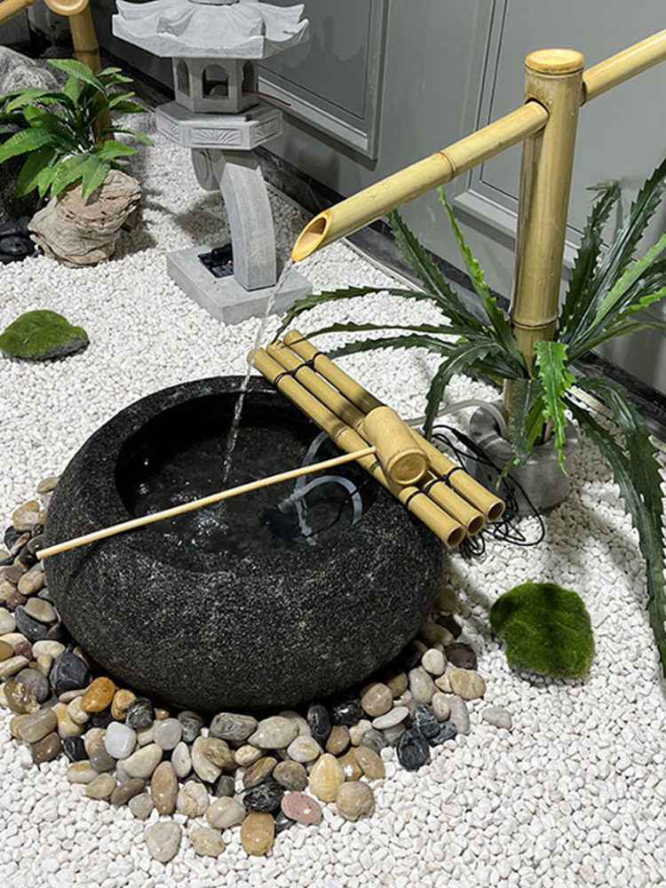 日式庭院流水石钵槽枯山水景观惊鹿竹子滴水花园阳台水钵造景摆件