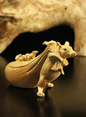 黄杨数木雕刻生肖摆老堂鼠手把件动物财富把玩钱EIR子孙满家居车