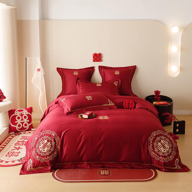 新中式全棉结婚庆长婚绒棉四lmjj-ctt件套房陪嫁纯棉床单被套床上