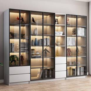 实木书柜带玻璃门书架简置架落地组PWS合柜储物展示轻奢约书橱物