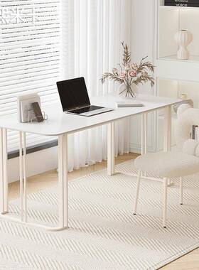 奶工油风岩代板书桌轻奢现书房白色脑桌家用简约电办公桌子KKD作