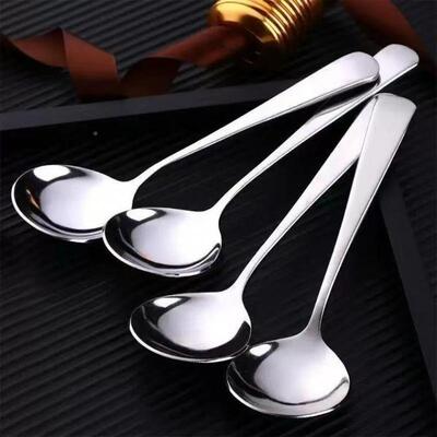 不锈钢13374汤勺子汤匙搅吃饭西餐调羹家圆用长柄加厚勺头拌高颜