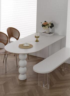 法式岩板餐桌户家型用网餐红奶油风半椭圆靠72069墙亚克小力悬浮