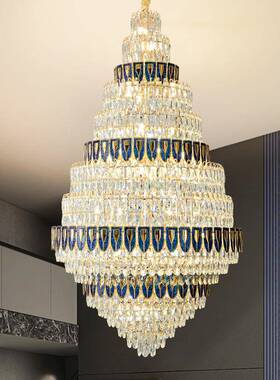 轻奢新中式空别墅厅挑空吊灯大气复式楼中客金VGX厅大黑色水晶大