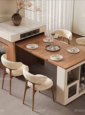 中古风胡桃木纹ILM岩板岛台餐桌一型体可折叠小户厅客餐岛储物中