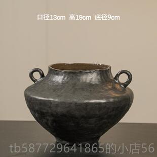 正品德镇中景式花盆覆古陶瓶侘寂风高级黑色花陶罐客厅瓷花器干