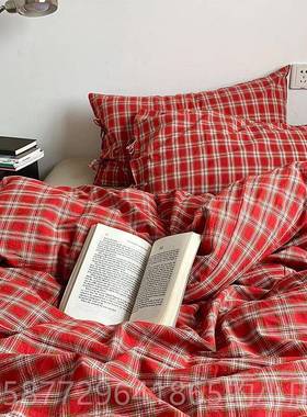 正品鲁拉的诞日记/ret美件式复古圣红格水洗棉床单四三套全棉被套