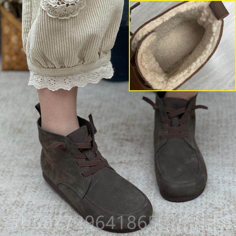 正品皮靴格秋冬族女靴民风新单靴真里绒平跟多用途短靴牛皮烟囱靴
