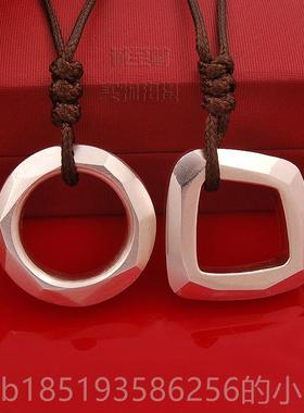 高档原创实心几何圆环项链平扣吊坠足银带挂书坠情侣安饰品证刻字