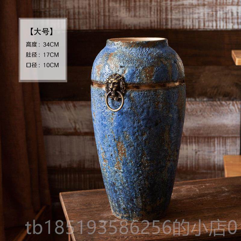 高档复古蓝中式陶瓷花瓶做旧粗陶瓶罐客厅插花花器件陶花三件摆套