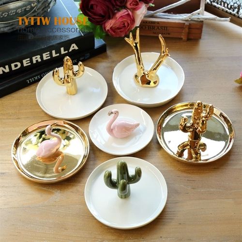 高档潮品天鹅仙人掌陶瓷首饰托盘戒指托盘收纳碟收纳家居饰品摆件