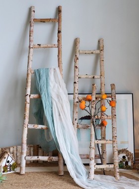 桦木装饰木梯子靠墙摆件拍摄道具橱窗展示花园庭院落地收纳整理架