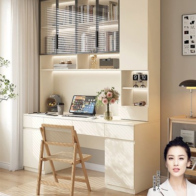 HENF级定制电脑桌实木书桌柜书架一体桌子卧室家用学生学习写字桌