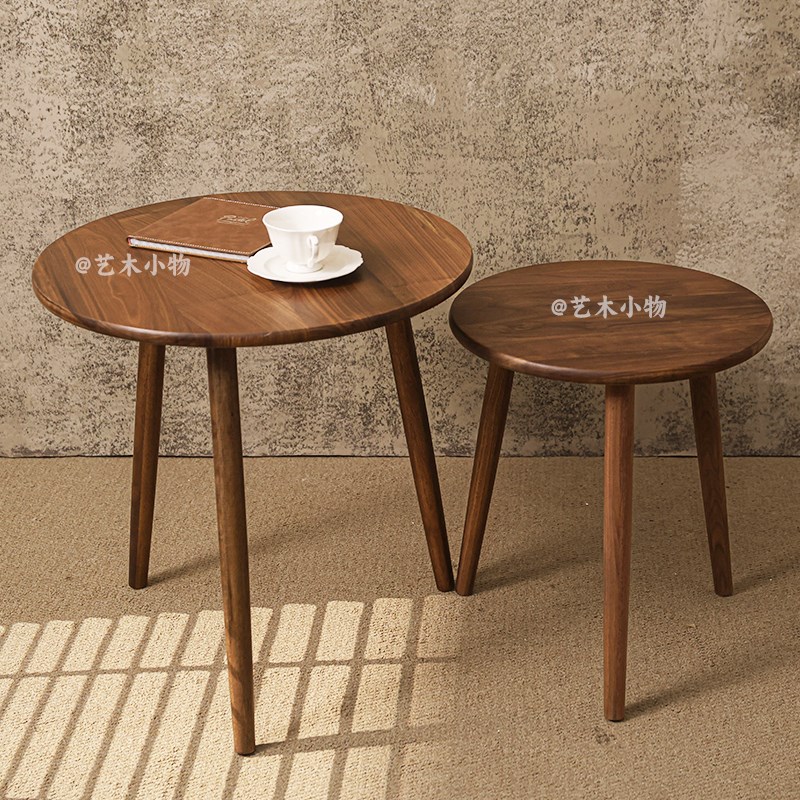 北美黑胡桃木茶几实木小圆桌客厅组合圆几沙发小边几现代简约茶桌
