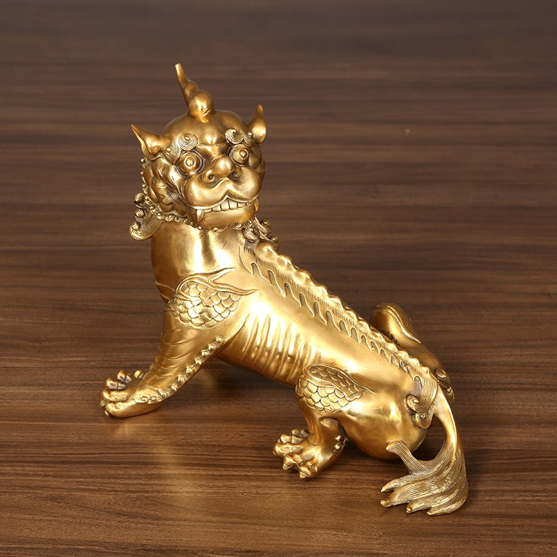 九华山谛听地藏王坐骑独角神兽黄铜铜摆件客厅办公室装饰开业礼品