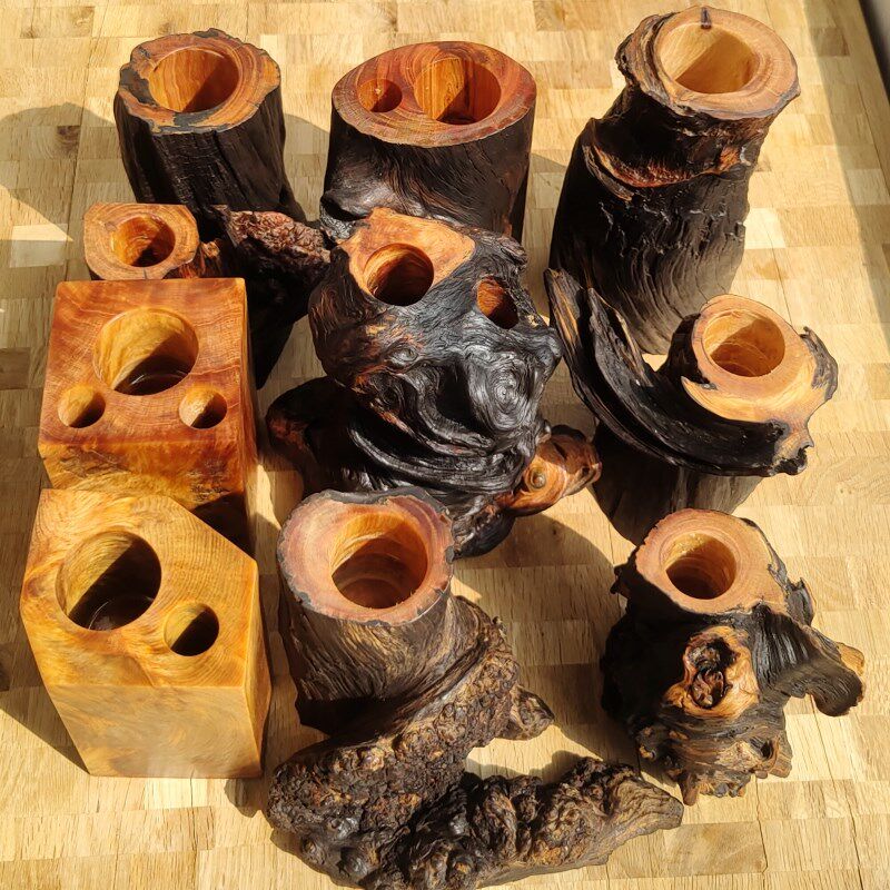 北沉香东北松明子琥珀木实木收纳原型料桌面摆件笔筒摆台底座花架