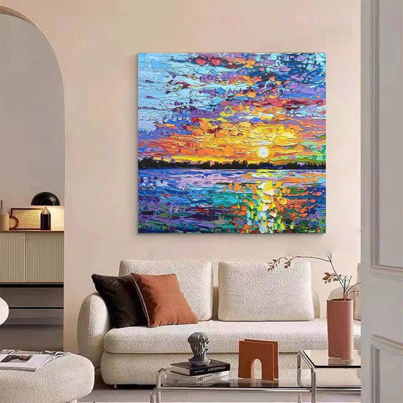 日出大海风景客厅装饰画/厚肌理抽象纯手绘油画/立体玄关墙挂轻奢