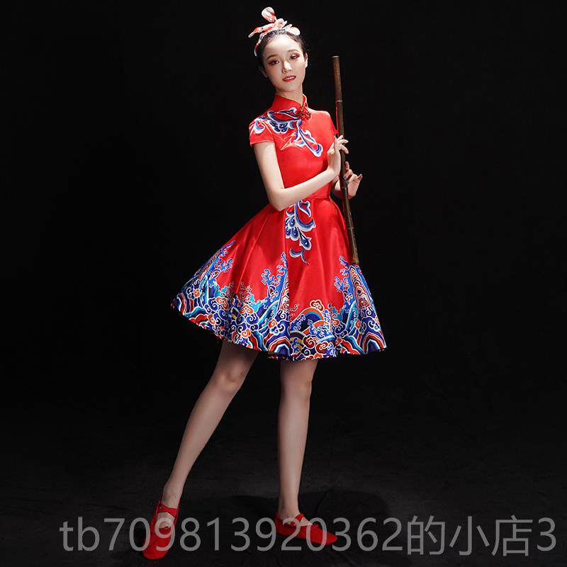 高档秧典舞快板旗袍演服女服装中国风红色打鼓歌服古筝出表演舞古