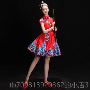 高档秧典舞快板旗袍演服女服装中国风红色打鼓歌服古筝出表演舞古