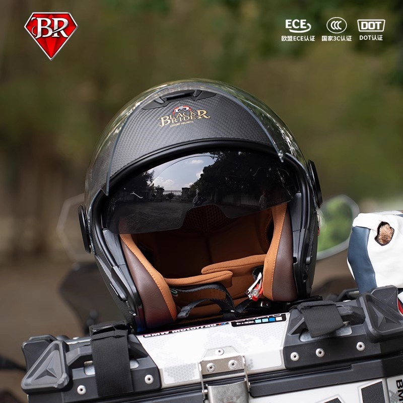 BR碳纤维四分之三头盔摩托车半盔复古超轻双镜片男女骑行四季通用
