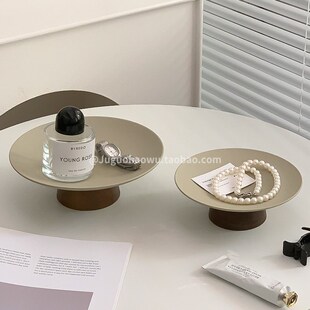 复古陶瓷胡桃木高脚托盘桌面装饰摆件玄关首饰香薰收纳托盘置物盘