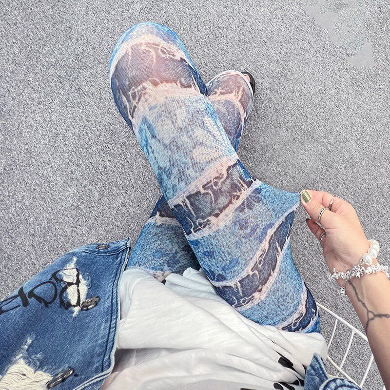 网纱打底裤外穿女士薄款牛仔花色弹力小脚裤松紧腰个性九分裤长裤