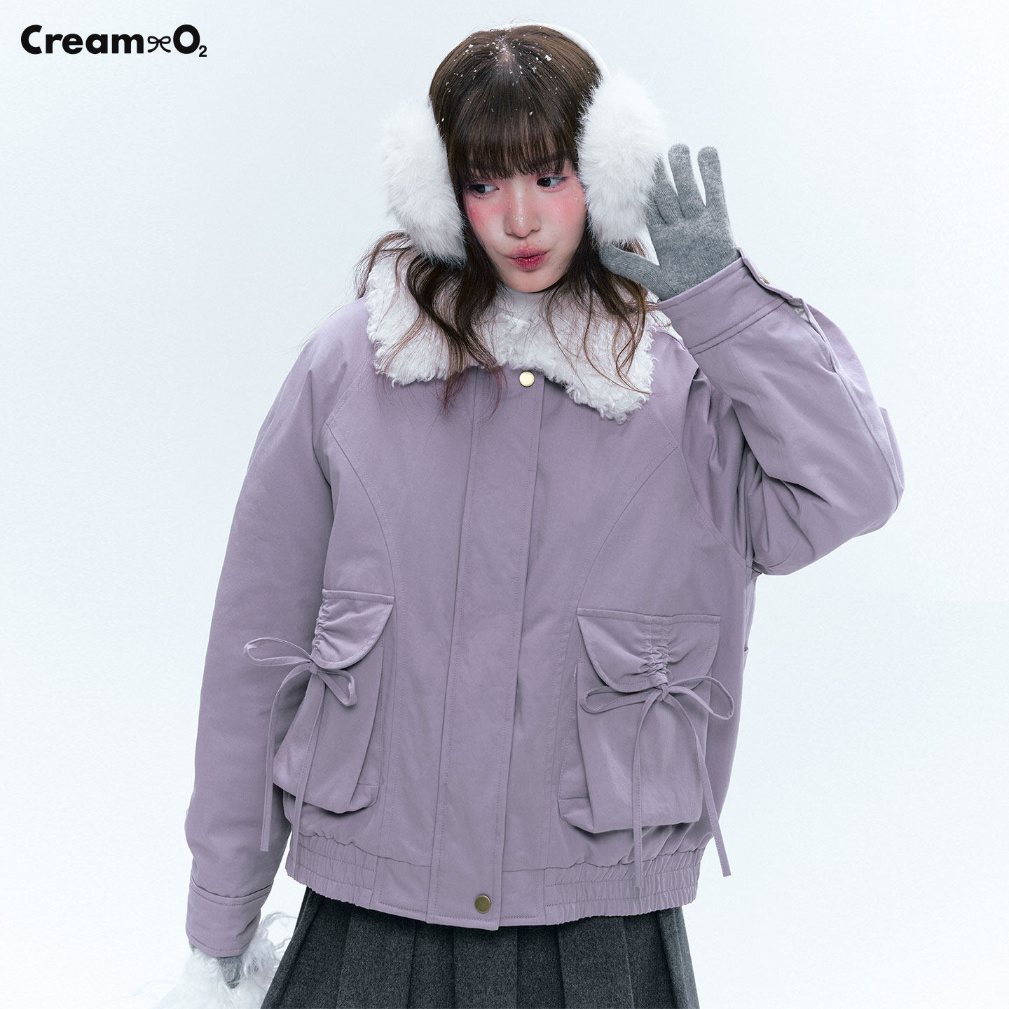 奶油氧气 紫色棉服女2025冬季款可拆卸毛领复古保暖加厚夹克外套