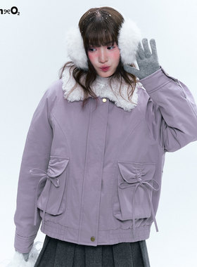 奶油氧气 紫色棉服女2025冬季款可拆卸毛领复古保暖加厚夹克外套