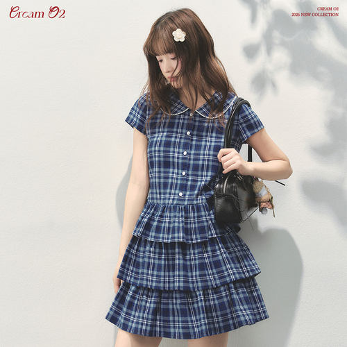 奶油氧气 藏青色格纹连衣裙女夏季新款收腰显瘦学院娃娃领蛋糕裙