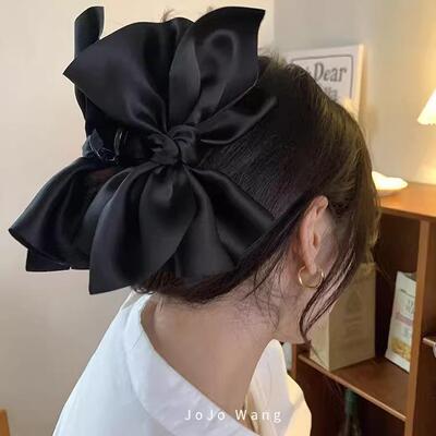 超大号法式黑色缎面蝴蝶结抓夹女后脑勺盘发发夹高级感鲨鱼夹头饰