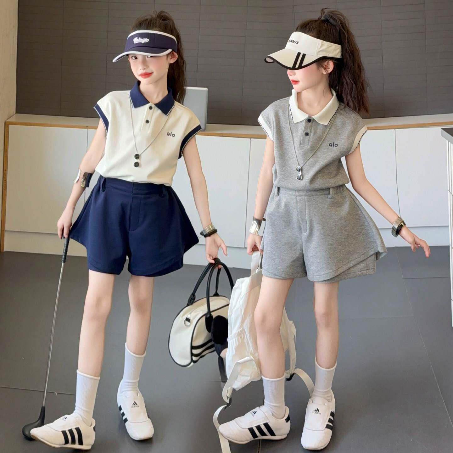女童韩版炸街运动套装夏季2025新款儿童polo短袖t恤短裤裙两件套9