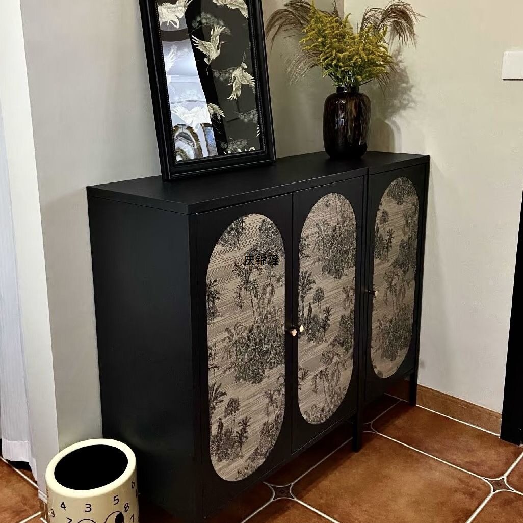 中古风铁皮柜铁艺餐边柜客厅茶水酒柜复古玄关置物柜家具黑色柜子