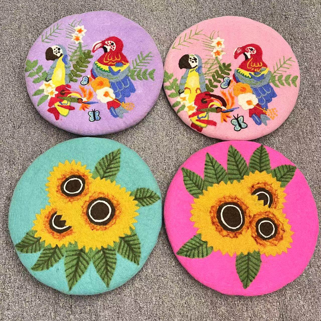 羊毛毡手工戳戳乐可爱卡通刺绣地毯靠枕抱枕蒲团垫子圆形向日葵手