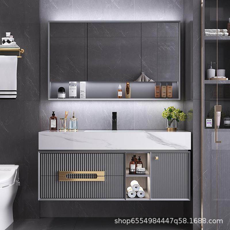 柜灰色木轻奢岩CAZ板一体盆浴室组合智能简橡木约实卫生间洗漱台