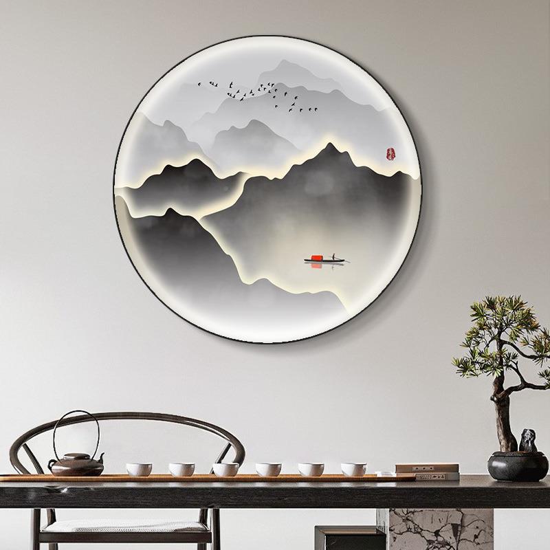 新中式装画LED壁灯茶饰圆形山水画画客厅走283廊过道玄关创意挂室