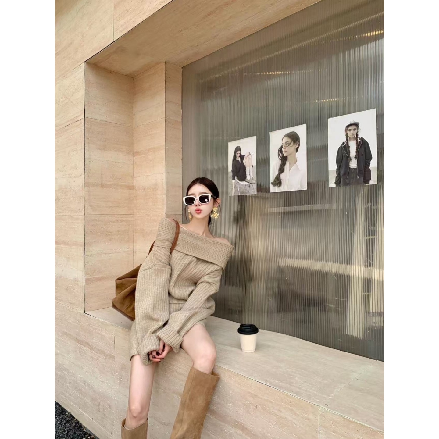 一字肩针织毛衣高腰显瘦百搭短裤