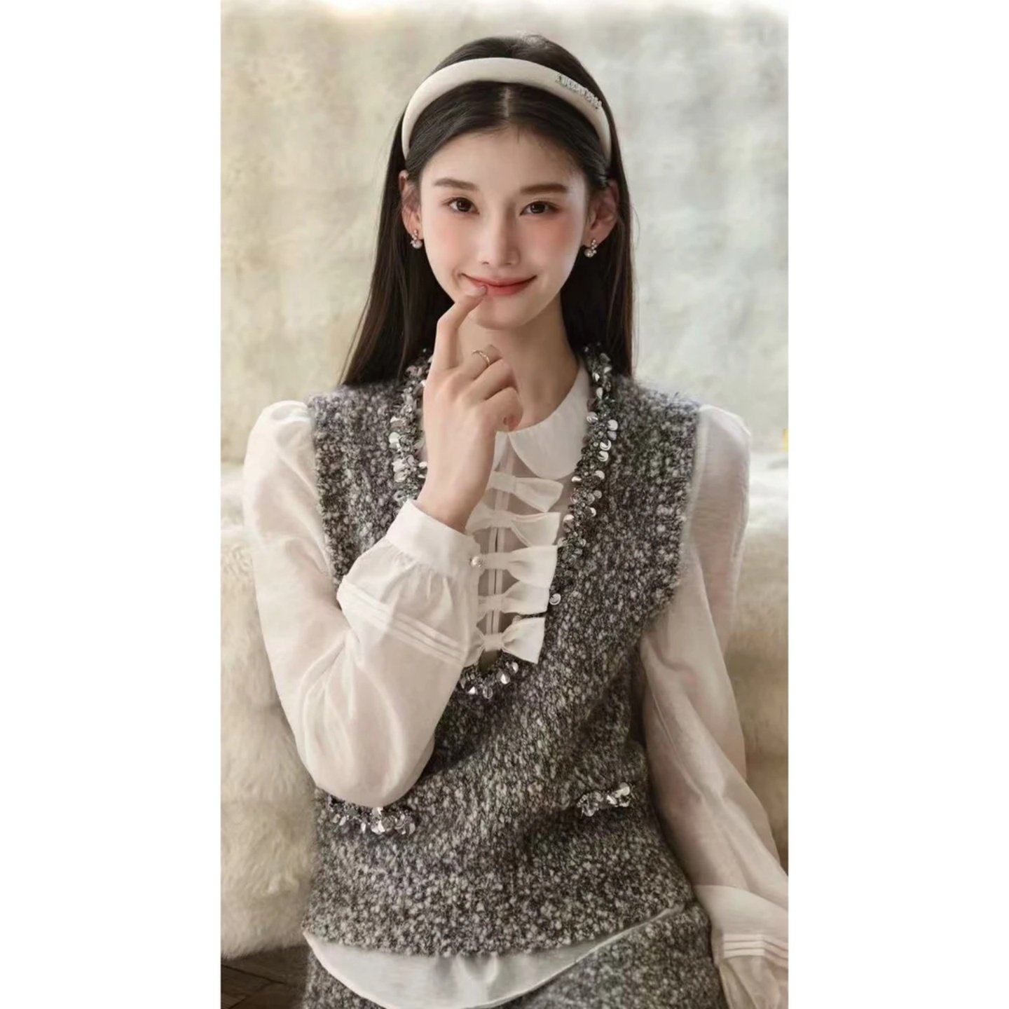 巨好看2026穿搭一整套千金感蝴蝶结长袖衬衫U领亮片针织马甲半裙,女装/女士精品,时尚套装,淘宝优惠券,粉丝福利购,淘宝优惠卷