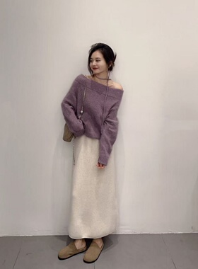套装女2025新款韩系慵懒风紫色一字肩针织毛衣高腰显瘦百搭半身裙